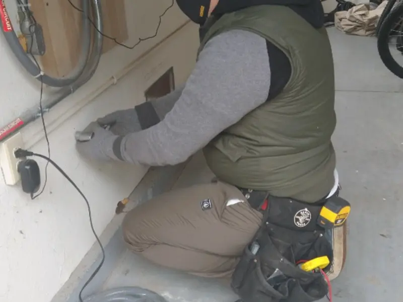 Electrician performing outlet wiring in a Marion garage